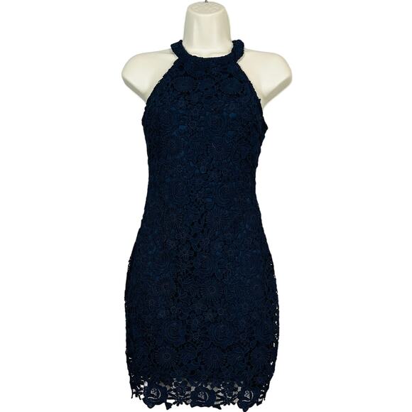Lulus Lace Halter Bodycon Dress Mini Sleeveless Blue Prom Formal - XS - Picture 1 of 6